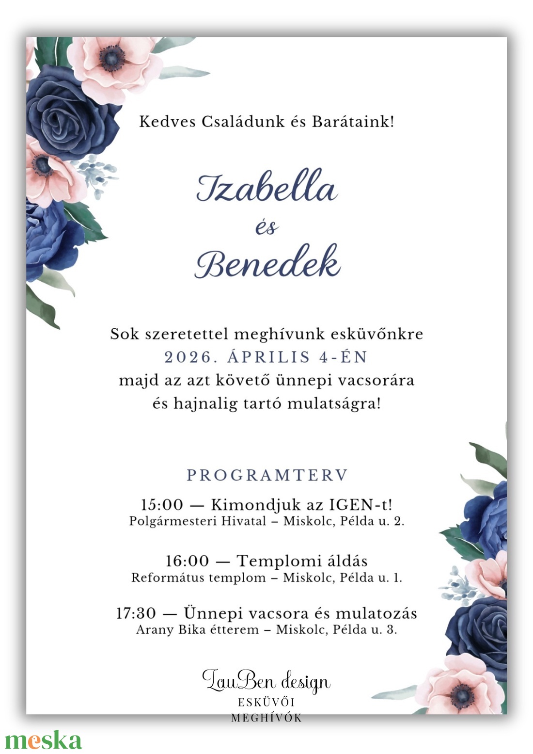 Sötétkék-púder akvarell esküvői meghívó � elegáns virágokkal és programtervvel - esküvő - meghívó & kártya - meghívó - Meska.hu