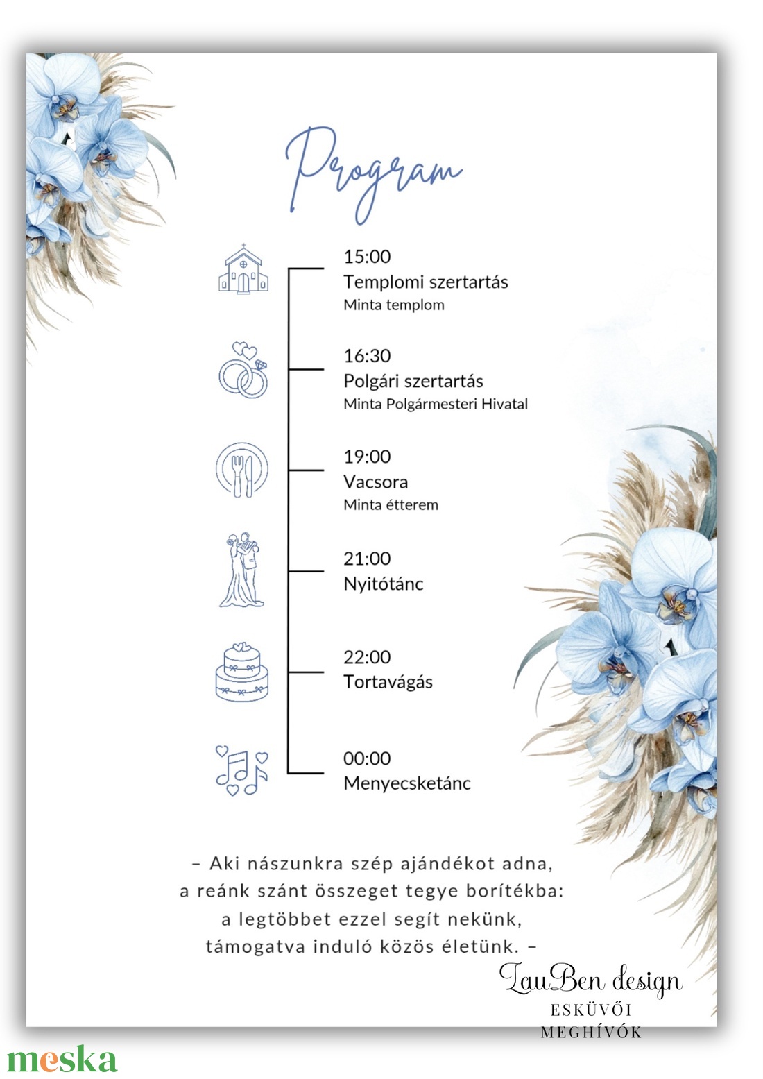 Kék orchideás és pampafüves esküvői meghívó � idővonallal - esküvő - meghívó & kártya - meghívó - Meska.hu