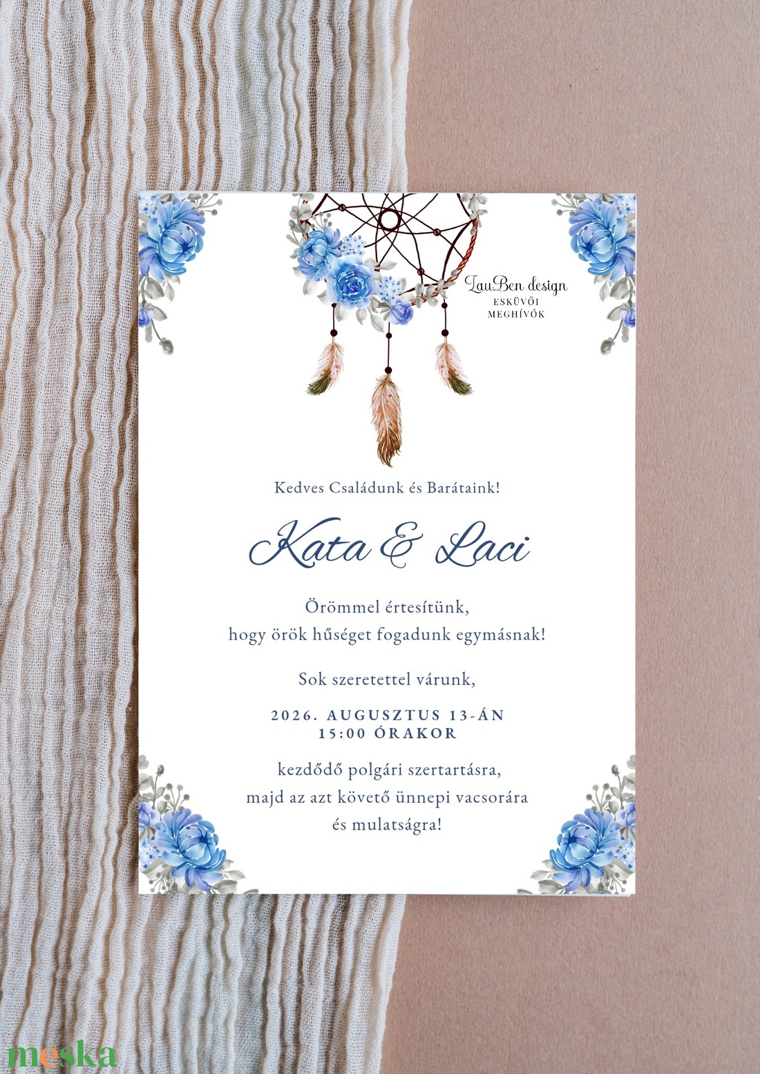 Akvarell álomfogós, kék esküvői meghívó - esküvő - meghívó & kártya - meghívó - Meska.hu