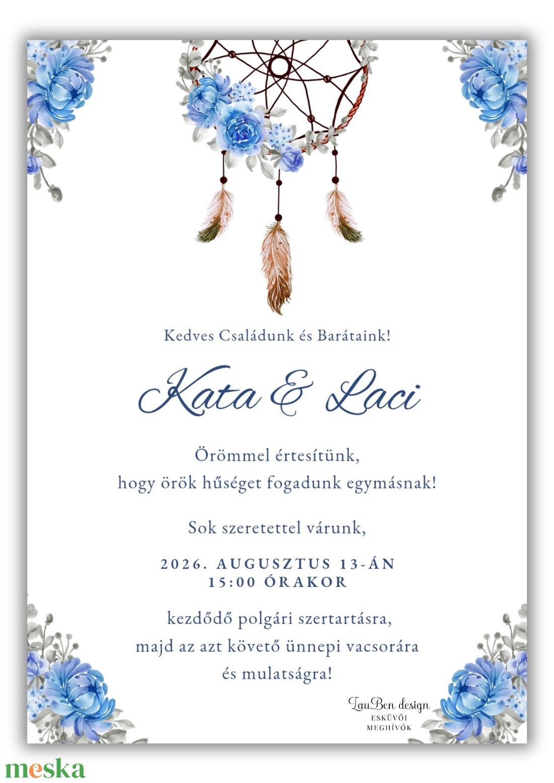Akvarell álomfogós, kék esküvői meghívó - esküvő - meghívó & kártya - meghívó - Meska.hu