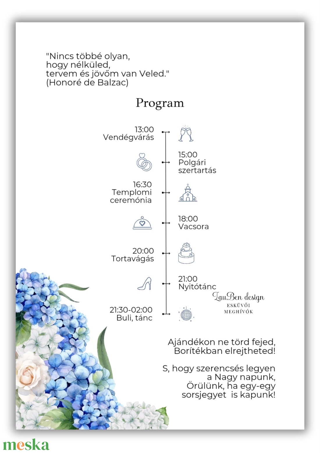 Kék hortenziás esküvői meghívó idővonalas programmal és naptárral - esküvő - meghívó & kártya - meghívó - Meska.hu