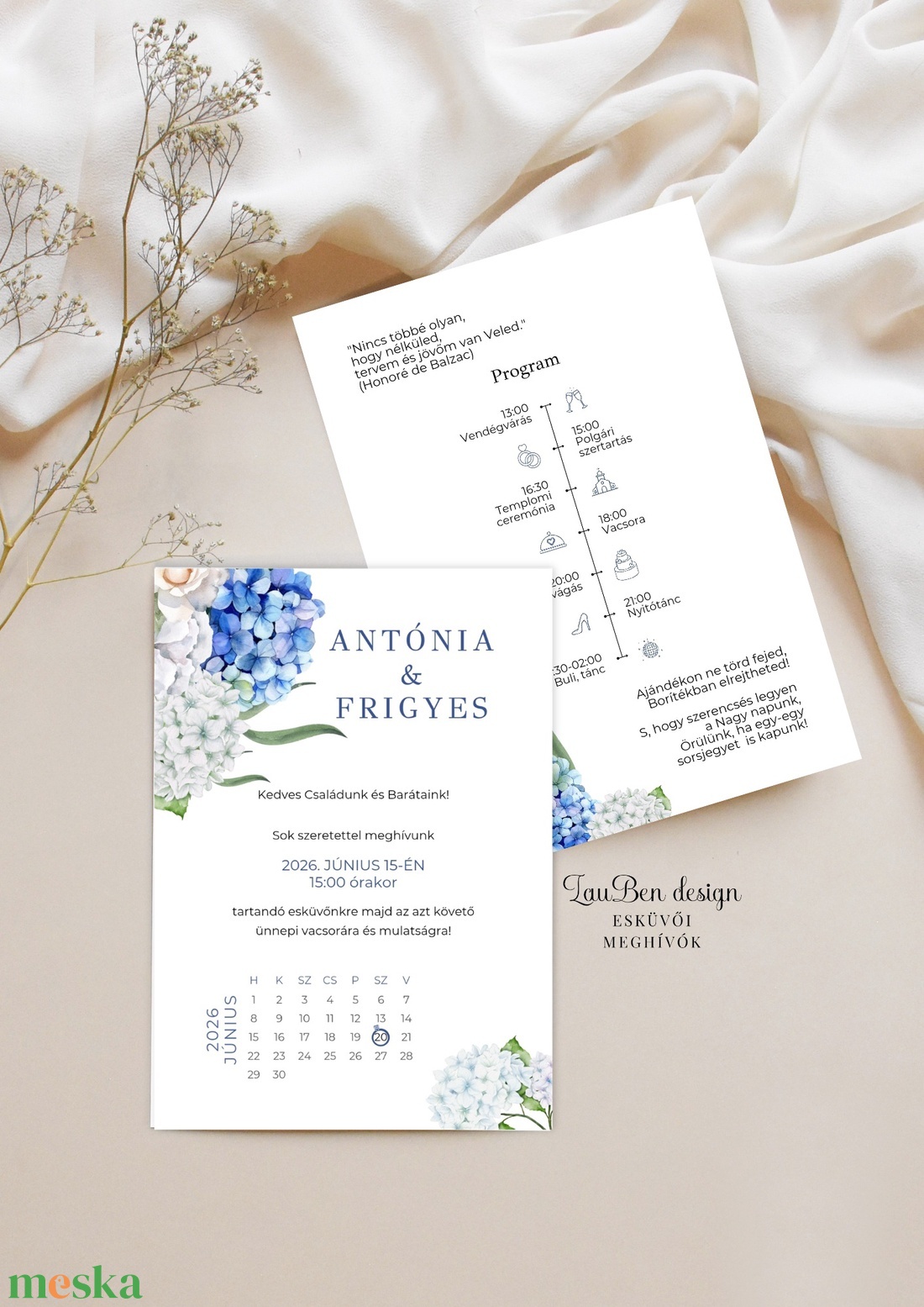 Kék hortenziás esküvői meghívó idővonalas programmal és naptárral - esküvő - meghívó & kártya - meghívó - Meska.hu