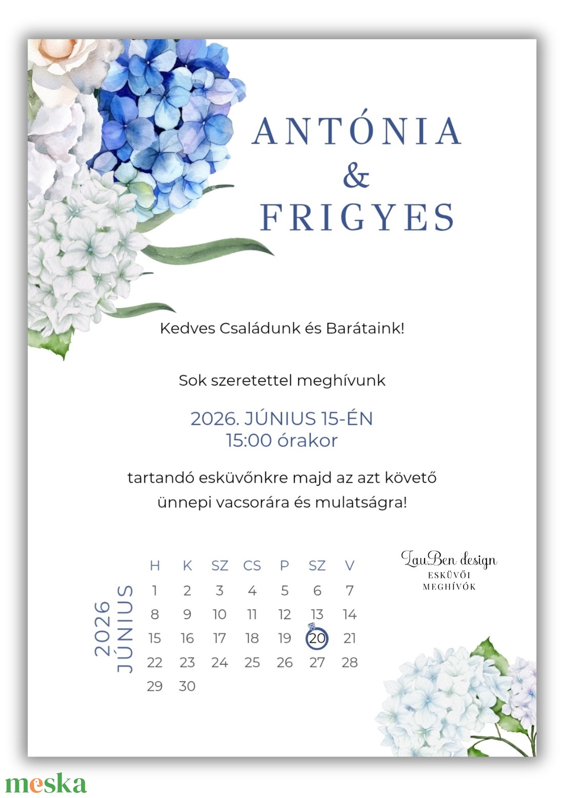 Kék hortenziás esküvői meghívó idővonalas programmal és naptárral - esküvő - meghívó & kártya - meghívó - Meska.hu