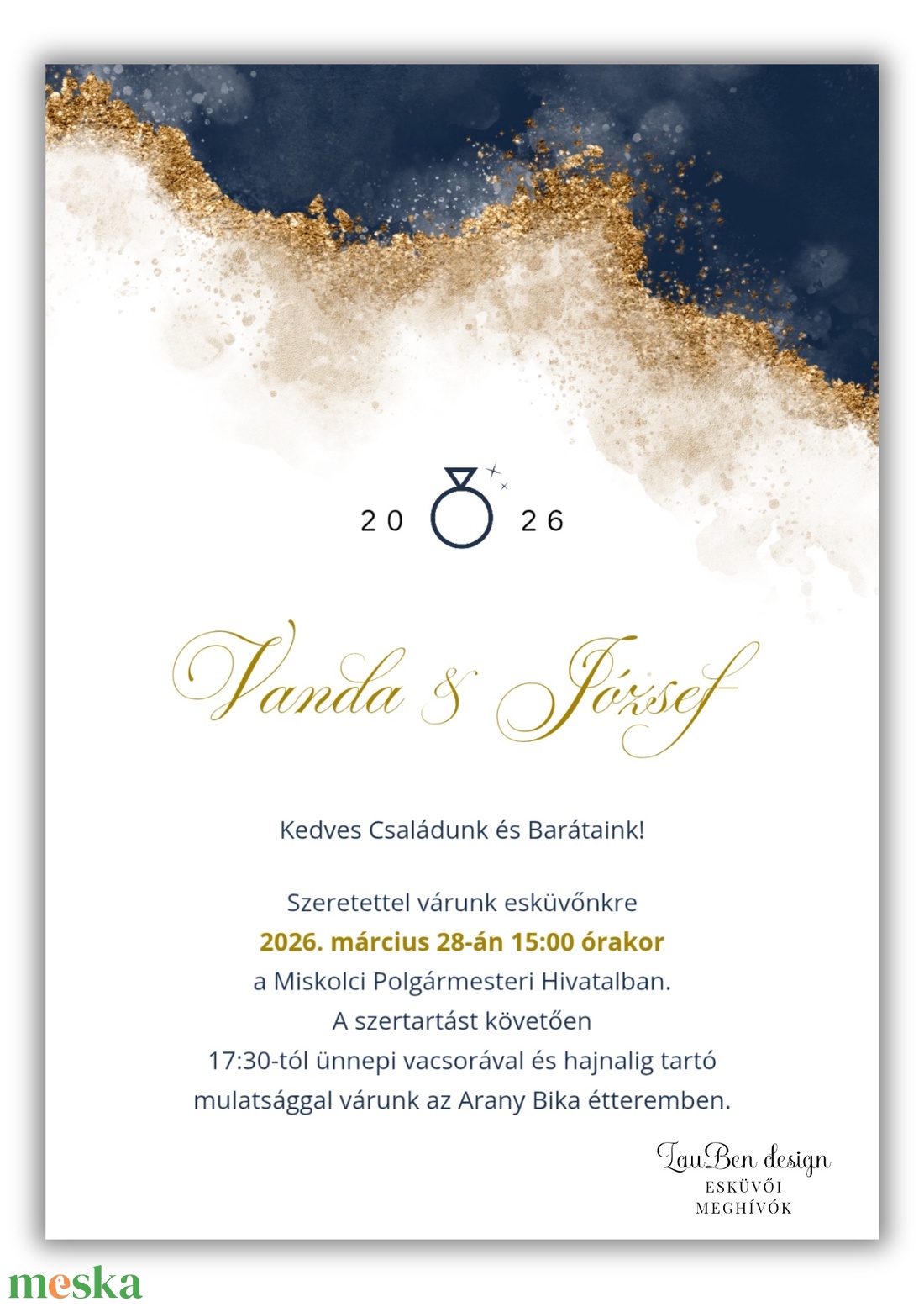 Modern gold és navy � egyoldalas absztrakt esküvői meghívó sötétkék és arany dekorral - esküvő - meghívó & kártya - meghívó - Meska.hu