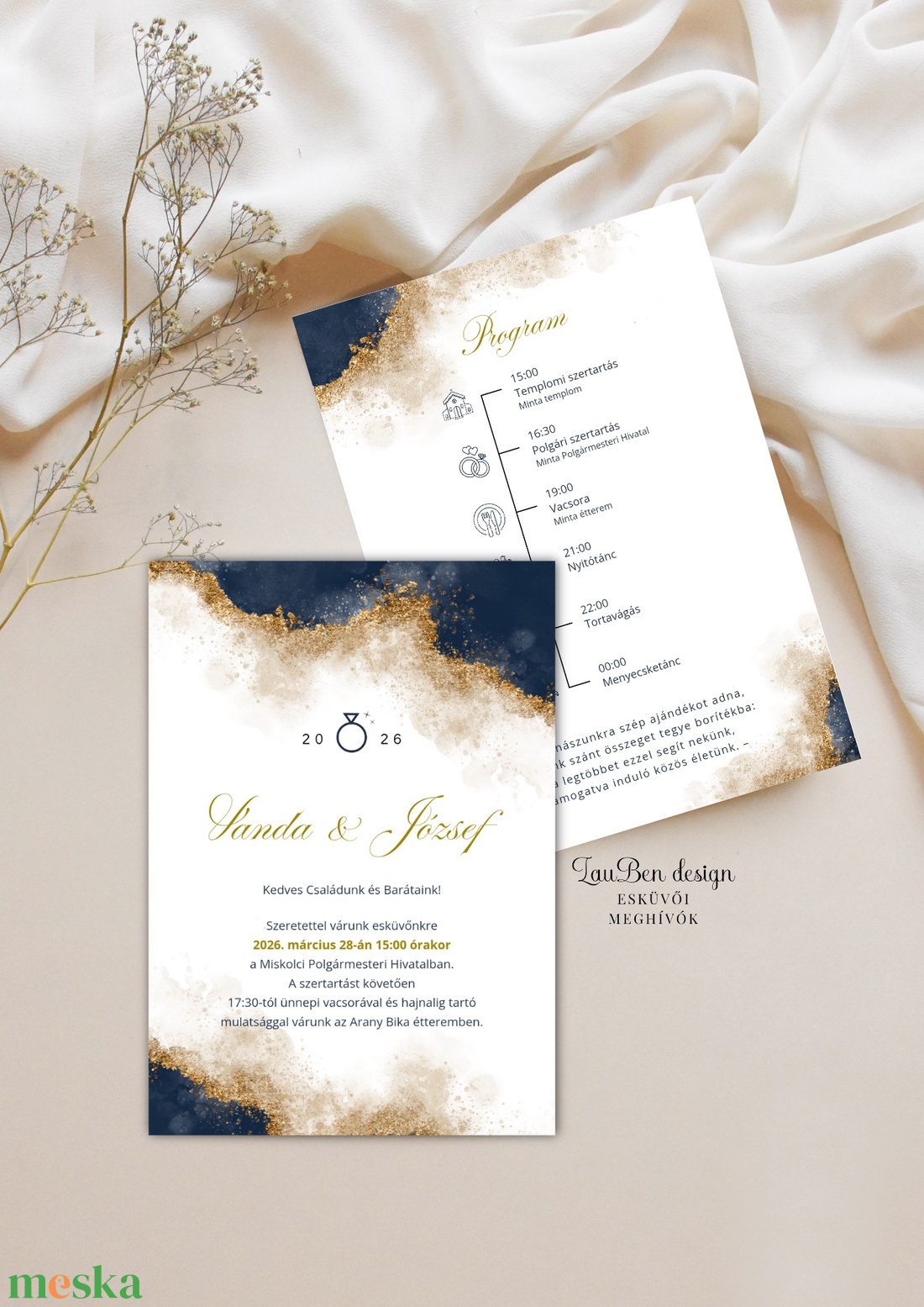 Modern gold és navy � kétoldalas absztrakt esküvői meghívó sötétkék és arany dekorral - esküvő - meghívó & kártya - meghívó - Meska.hu