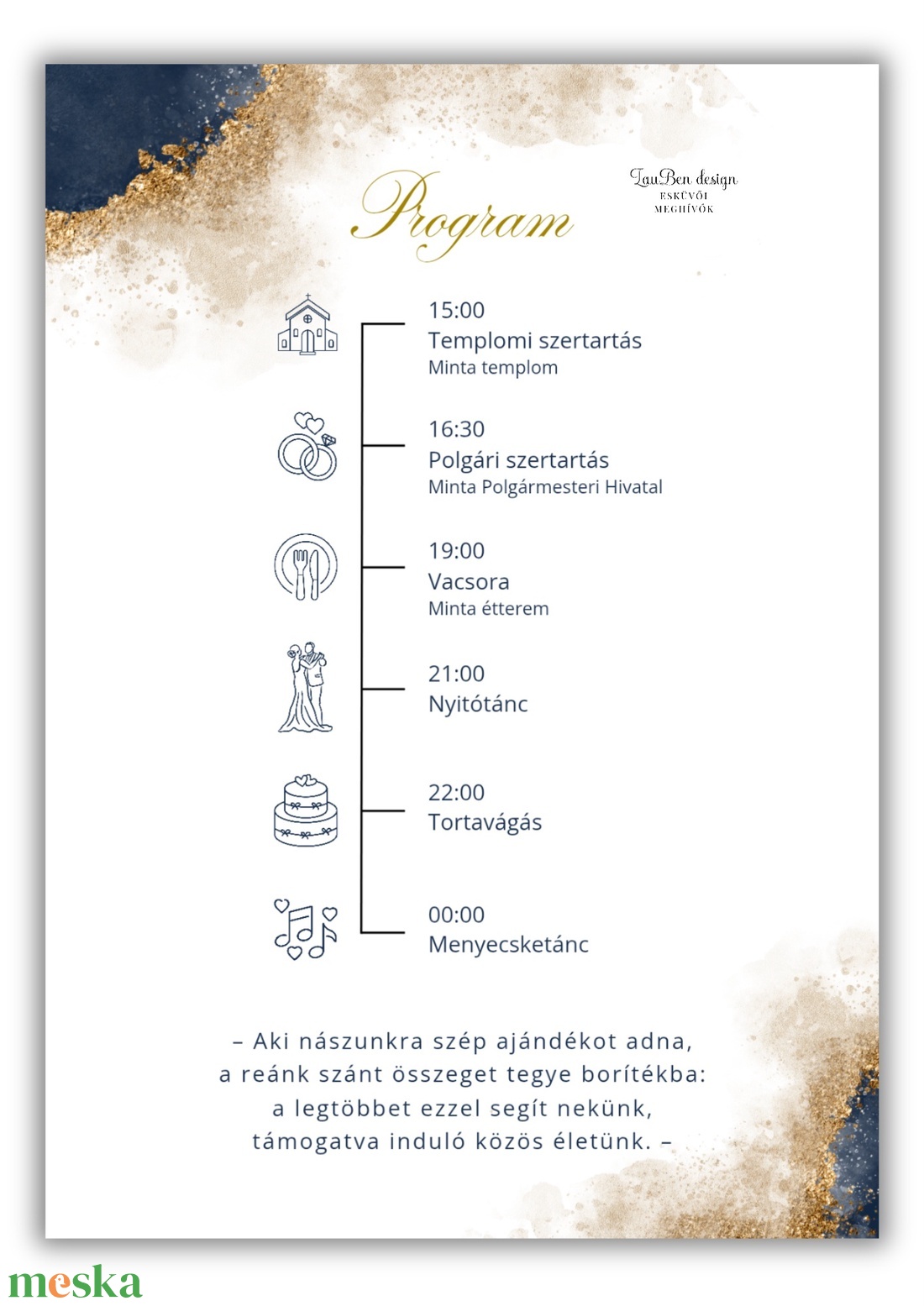 Modern gold és navy � kétoldalas absztrakt esküvői meghívó sötétkék és arany dekorral - esküvő - meghívó & kártya - meghívó - Meska.hu