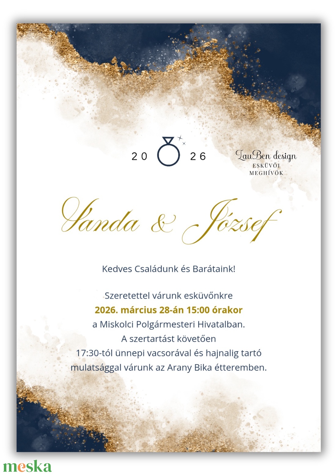 Modern gold és navy � kétoldalas absztrakt esküvői meghívó sötétkék és arany dekorral - esküvő - meghívó & kártya - meghívó - Meska.hu