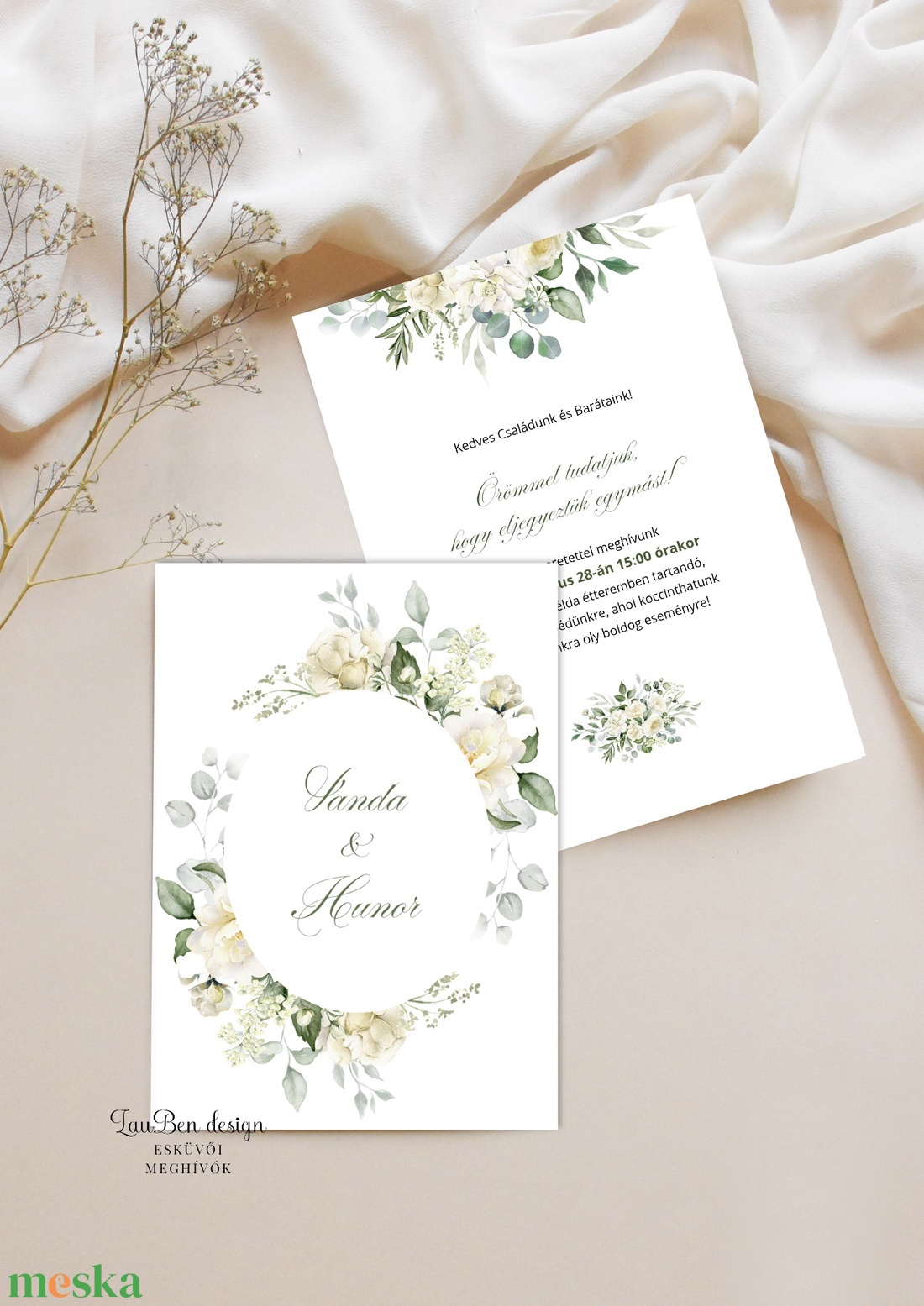 Botanikus eljegyzési meghívó � Fehér rózsa és greenary akvarell grafikával - esküvő - meghívó & kártya - meghívó - Meska.hu