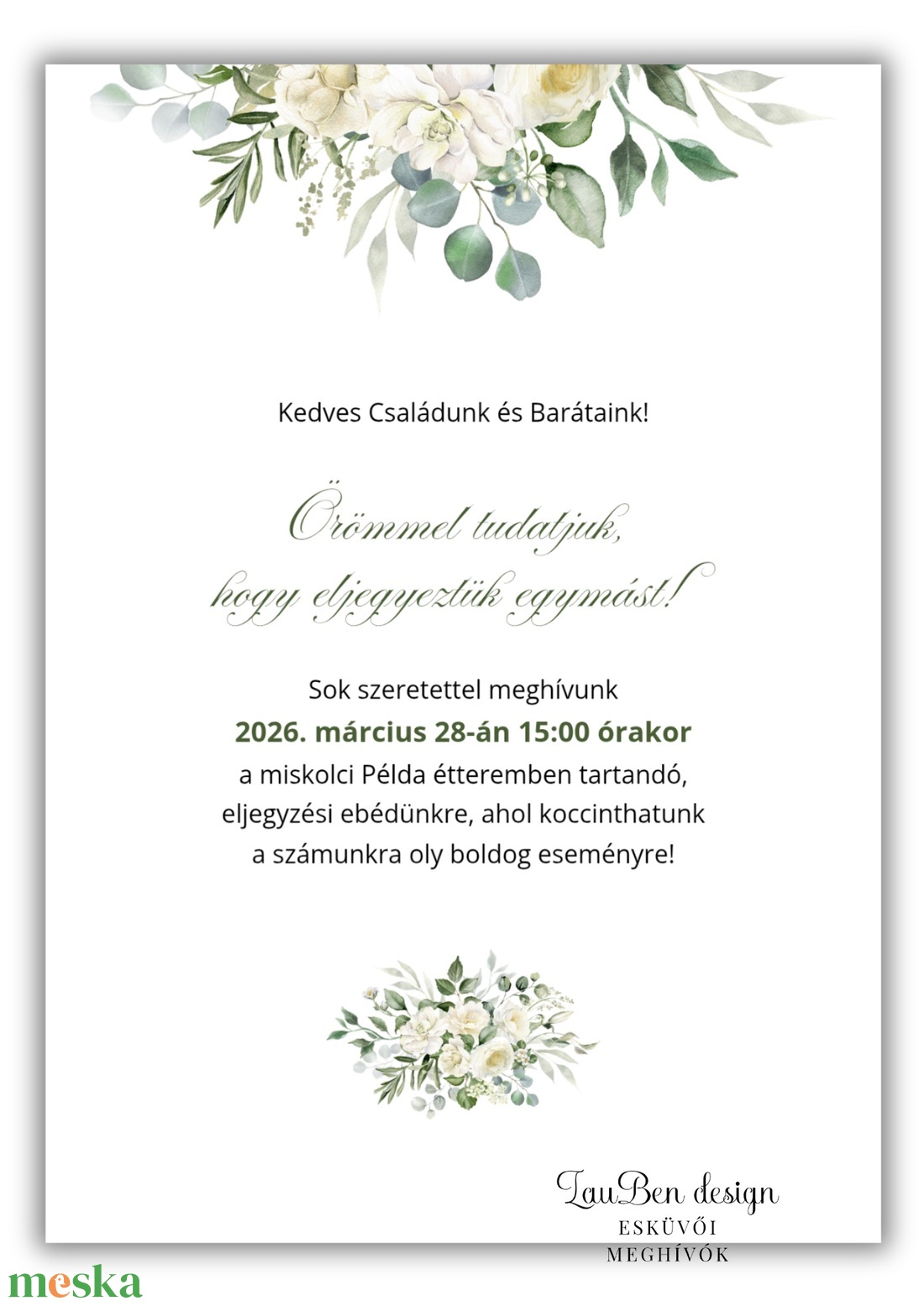 Botanikus eljegyzési meghívó � Fehér rózsa és greenary akvarell grafikával - esküvő - meghívó & kártya - meghívó - Meska.hu