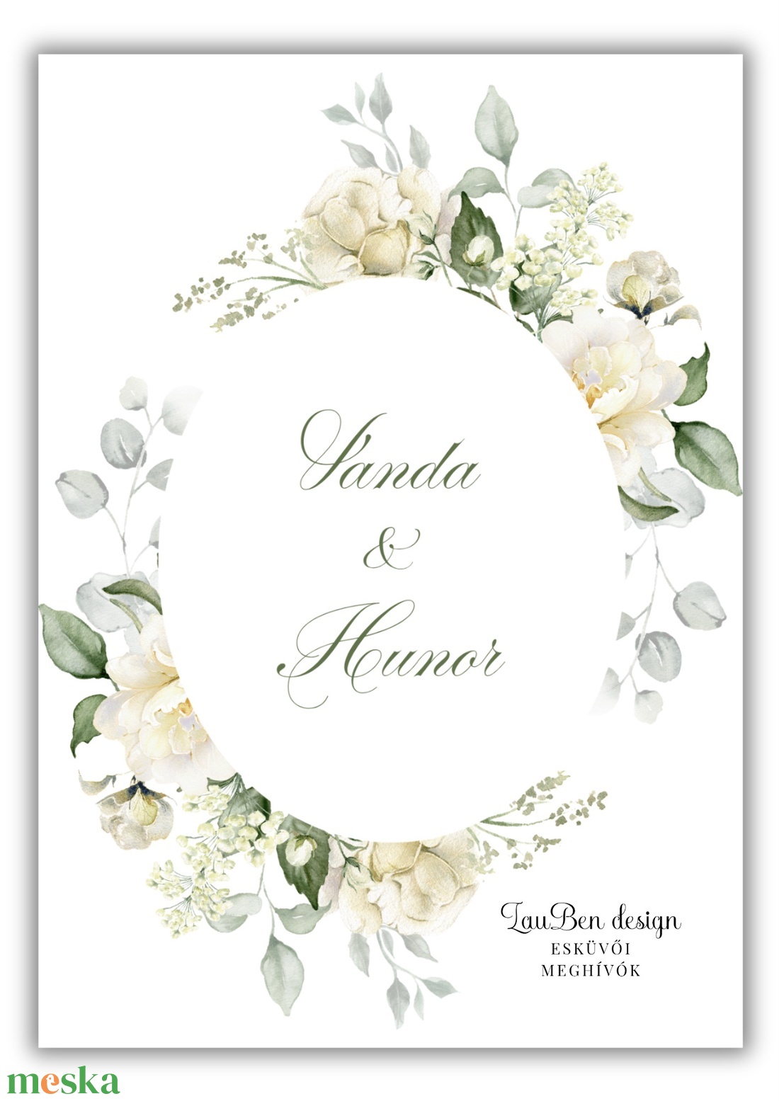 Botanikus eljegyzési meghívó � Fehér rózsa és greenary akvarell grafikával - esküvő - meghívó & kártya - meghívó - Meska.hu