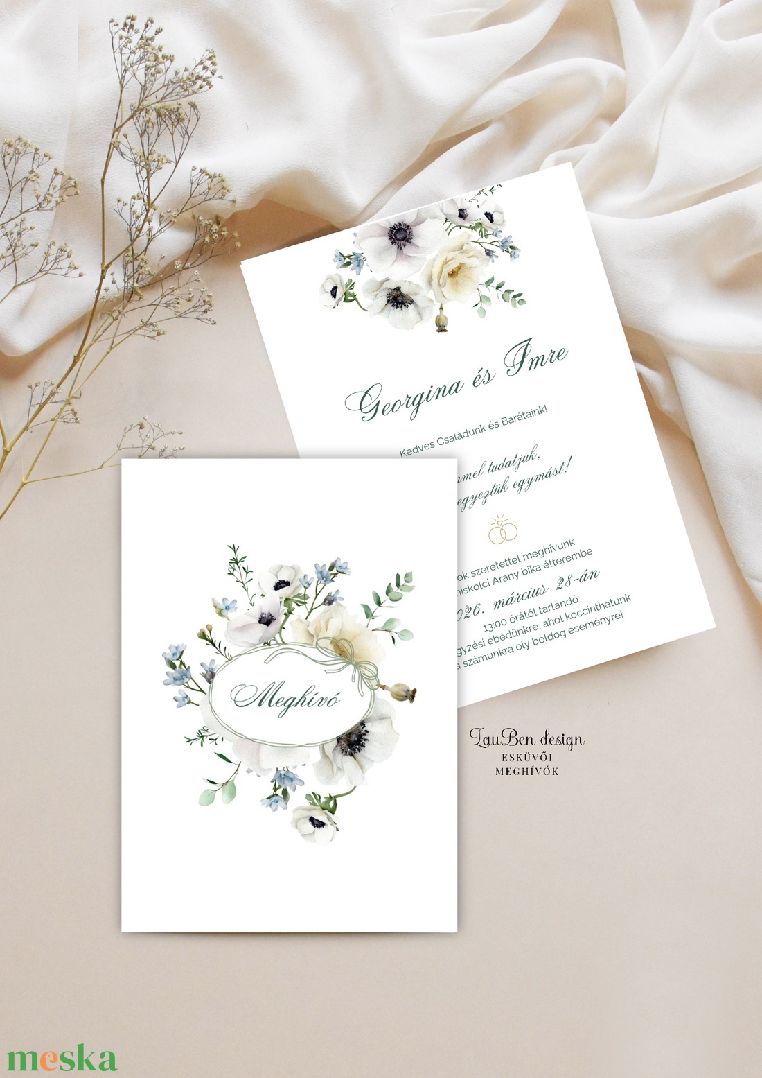 Elegáns eljegyzési meghívó fehér anemone virággal, selyemfényű papíron - esküvő - meghívó & kártya - eljegyzési meghívók - Meska.hu