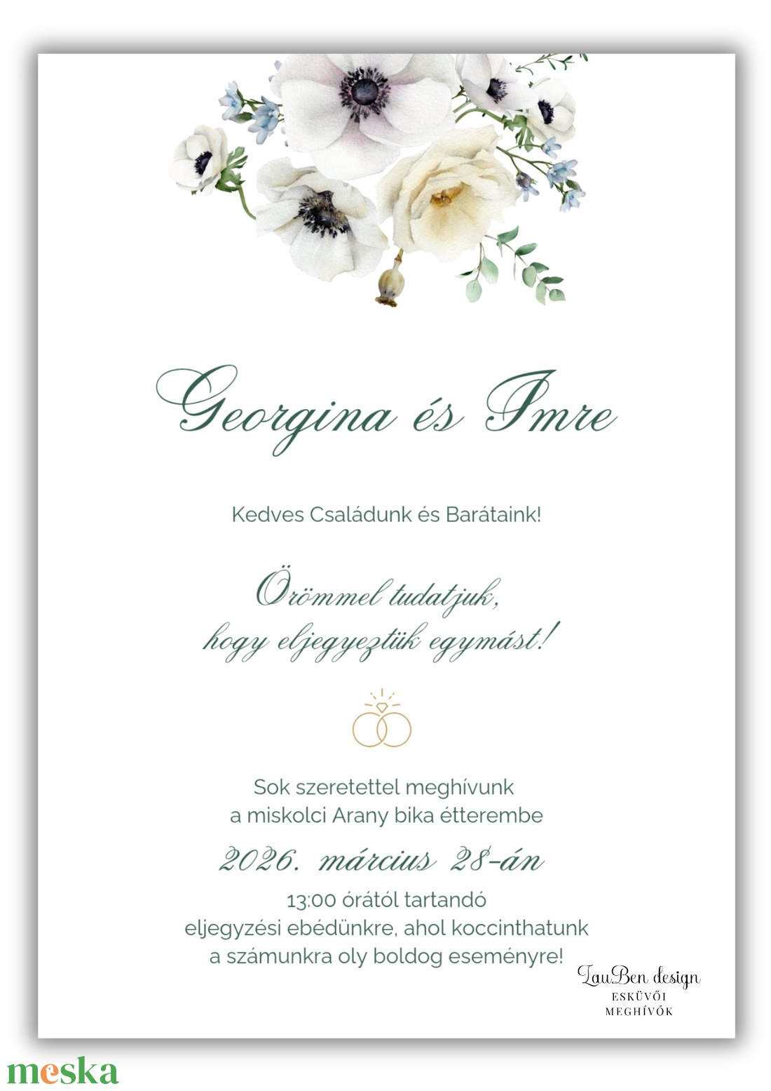 Elegáns eljegyzési meghívó fehér anemone virággal, selyemfényű papíron - esküvő - meghívó & kártya - eljegyzési meghívók - Meska.hu