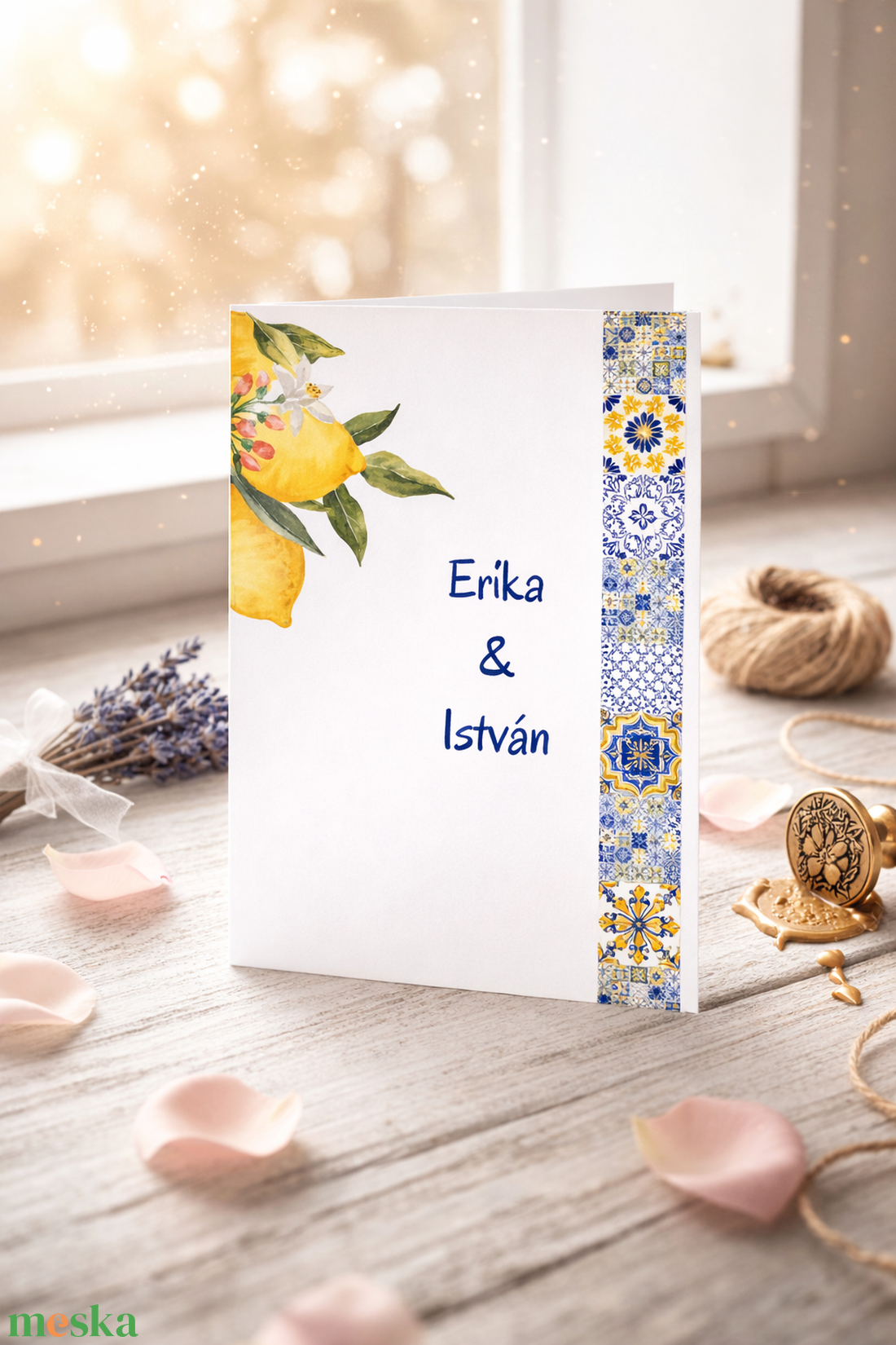Citromos Esküvői Meghívó � Mediterrán Amalfi Stílusú, Kék-Sárga Csempemintás (Azulejo) - esküvő - meghívó & kártya - meghívó - Meska.hu
