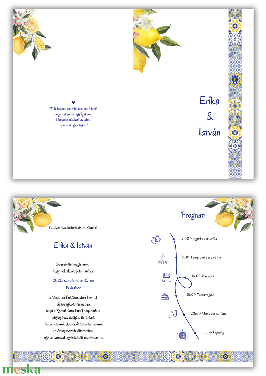 Citromos Esküvői Meghívó � Mediterrán Amalfi Stílusú, Kék-Sárga Csempemintás (Azulejo) - esküvő - meghívó & kártya - meghívó - Meska.hu
