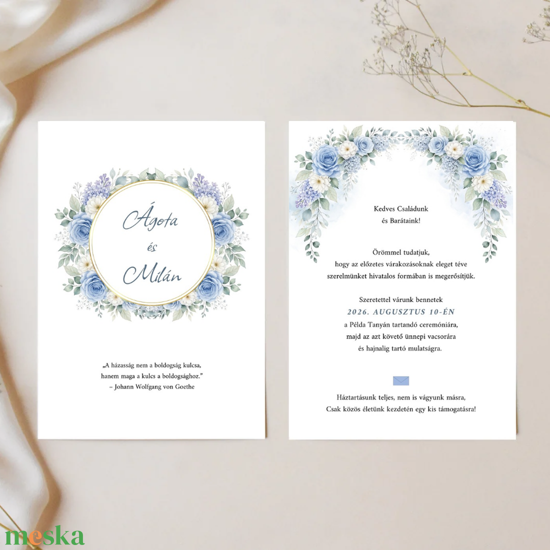 Akvarell kék virágos esküvői meghívó - esküvő - meghívó & kártya - meghívó - Meska.hu