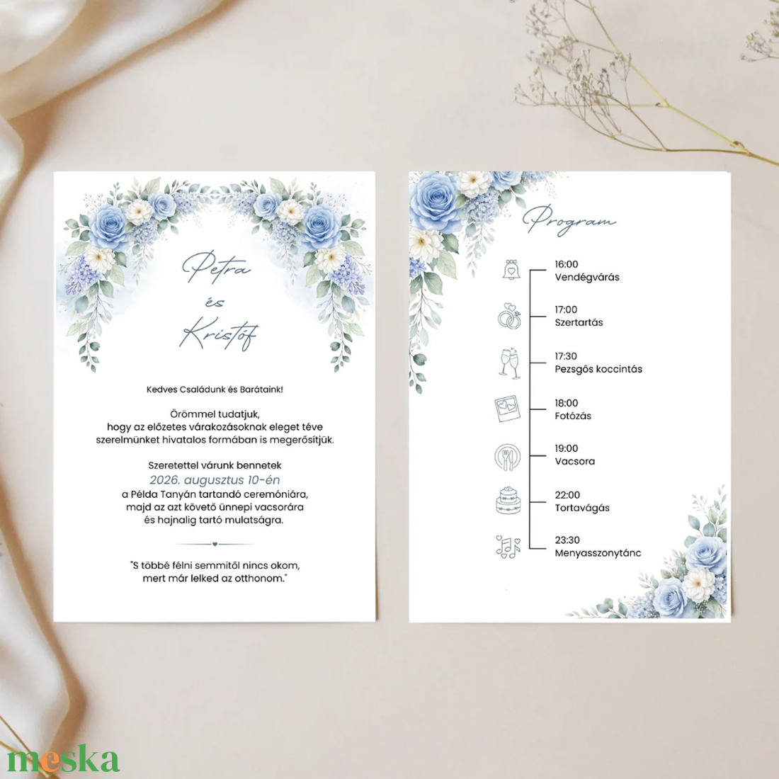 Akvarell kék virágos esküvői meghívó - esküvő - meghívó & kártya - meghívó - Meska.hu
