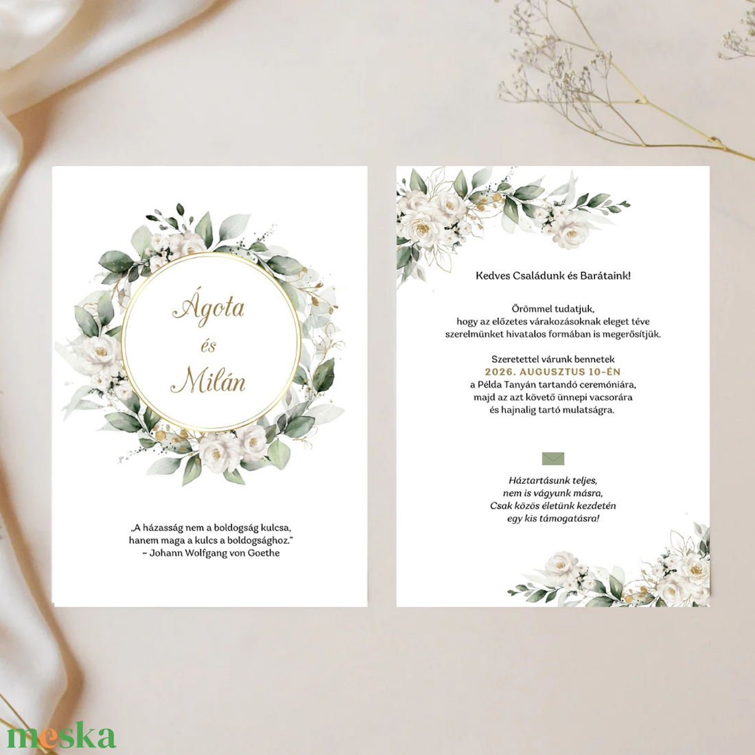 Fehér virágos, greenary esküvői meghívó - esküvő - meghívó & kártya - meghívó - Meska.hu