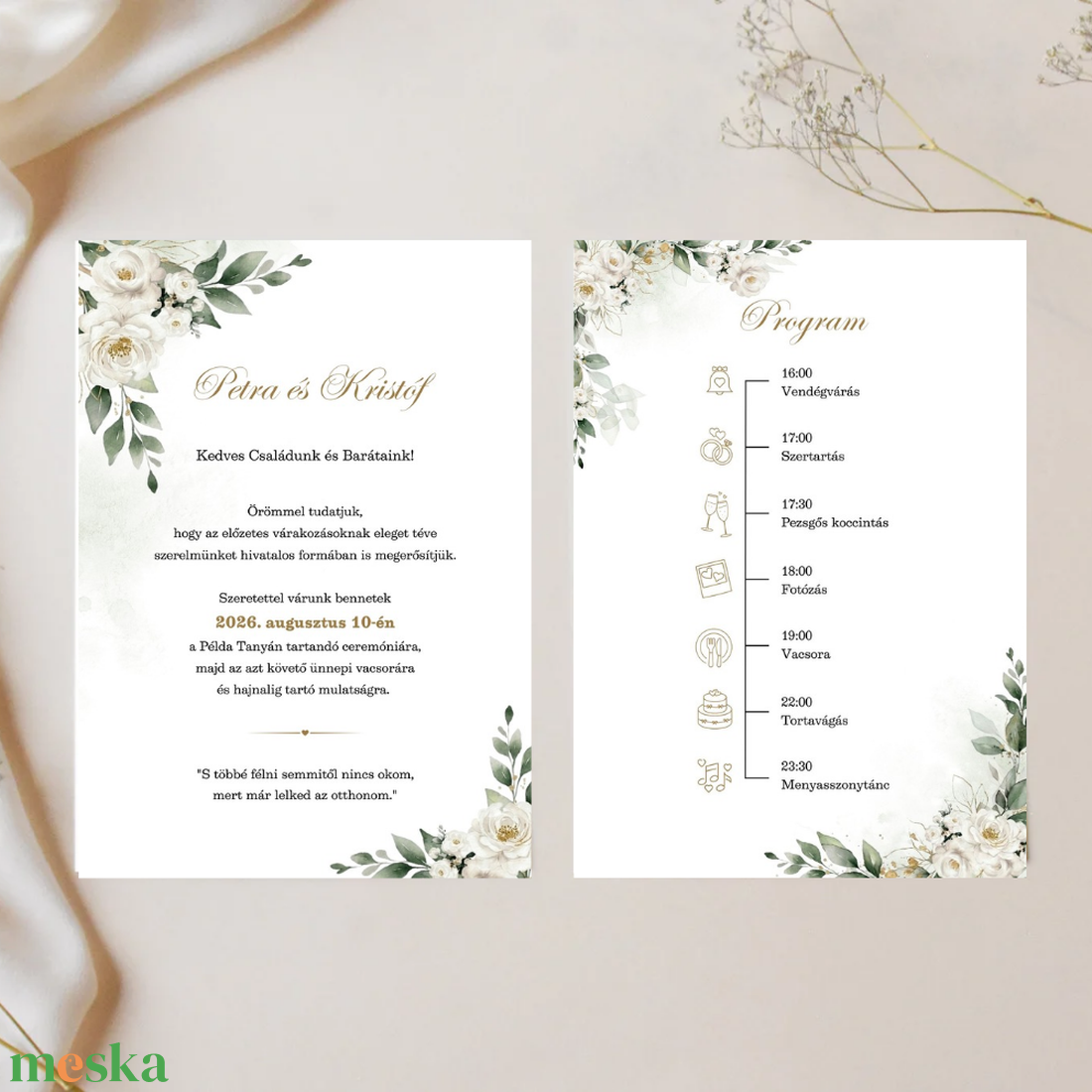 Greenary és fehér virágos esküvői meghívó - esküvő - meghívó & kártya - meghívó - Meska.hu