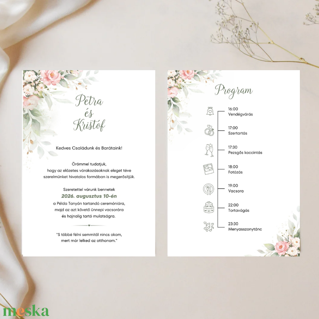 Greenary és rózsaszín virágos esküvői meghívó - esküvő - meghívó & kártya - meghívó - Meska.hu