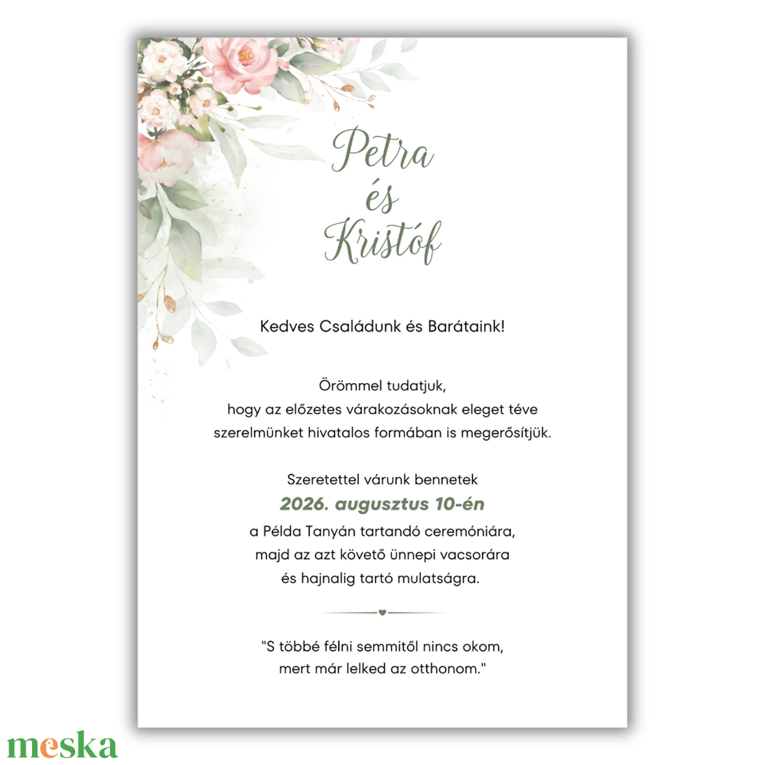 Greenary és rózsaszín virágos esküvői meghívó - esküvő - meghívó & kártya - meghívó - Meska.hu