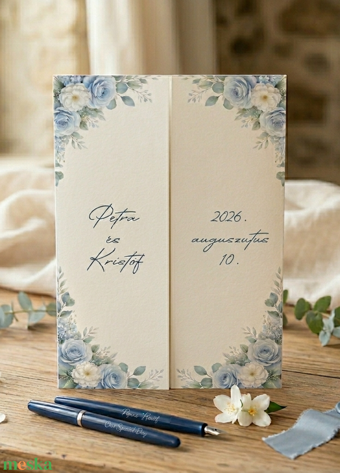 Oltárhajtott, ablakosan nyíló pasztell kék esküvői meghívó - esküvő - meghívó & kártya - meghívó - Meska.hu
