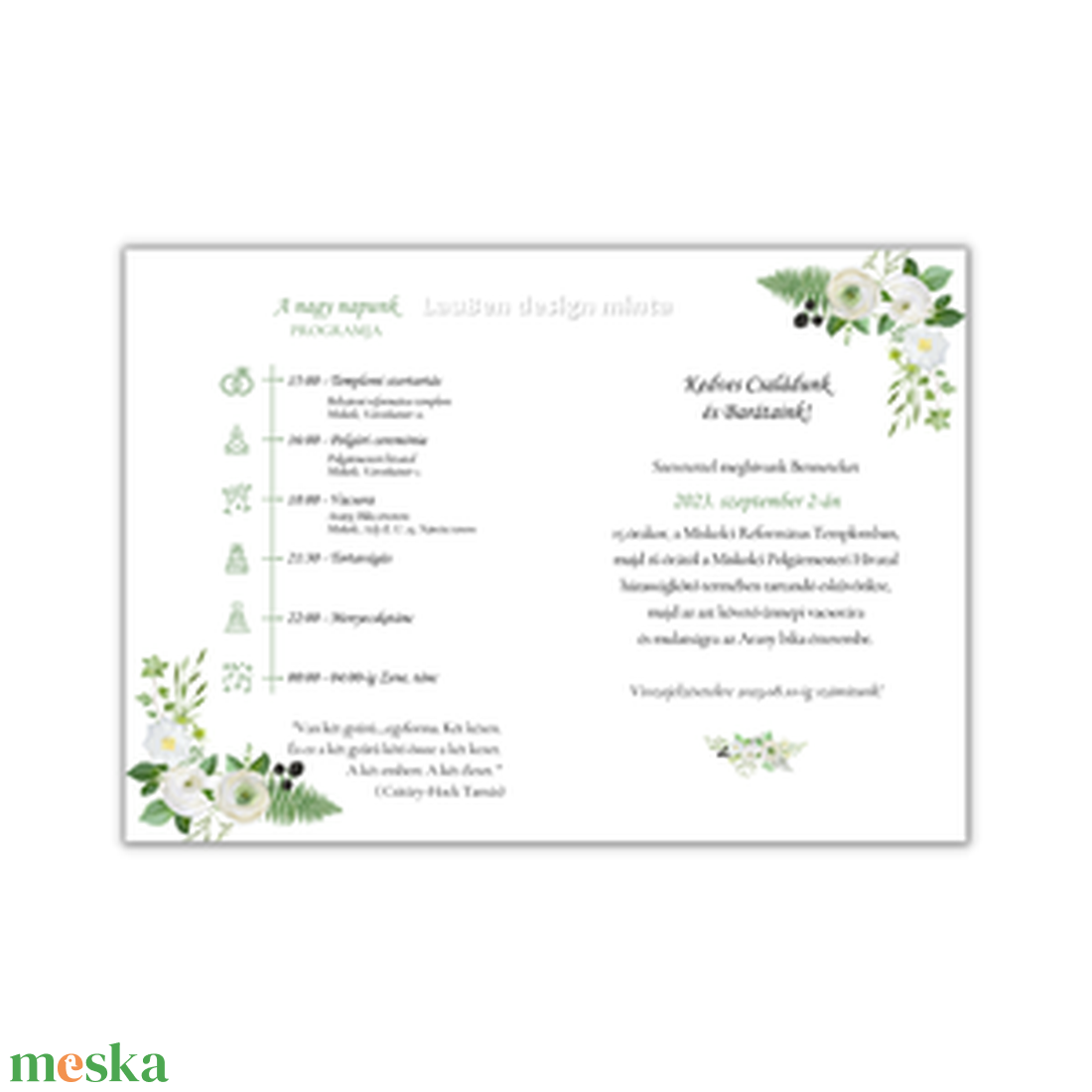 Kinyitható zöld leveles esküvői meghívó programmal � Greenery stílusú esküvői meghívó borítékkal - esküvő - meghívó & kártya - meghívó - Meska.hu