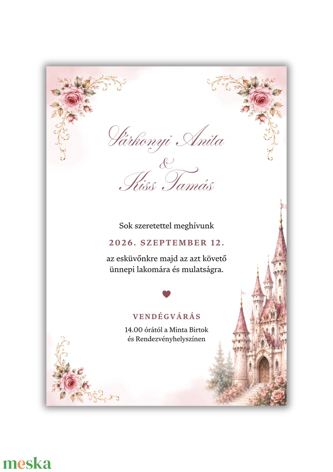 RÓZSASZÍN KASTÉLYOS ESKÜVŐI MEGHÍVÓ � FAIRYTALE IHLETTE AKVARELL DESIGN, A/6, 1 OLDALAS - esküvő - meghívó & kártya - meghívó - Meska.hu