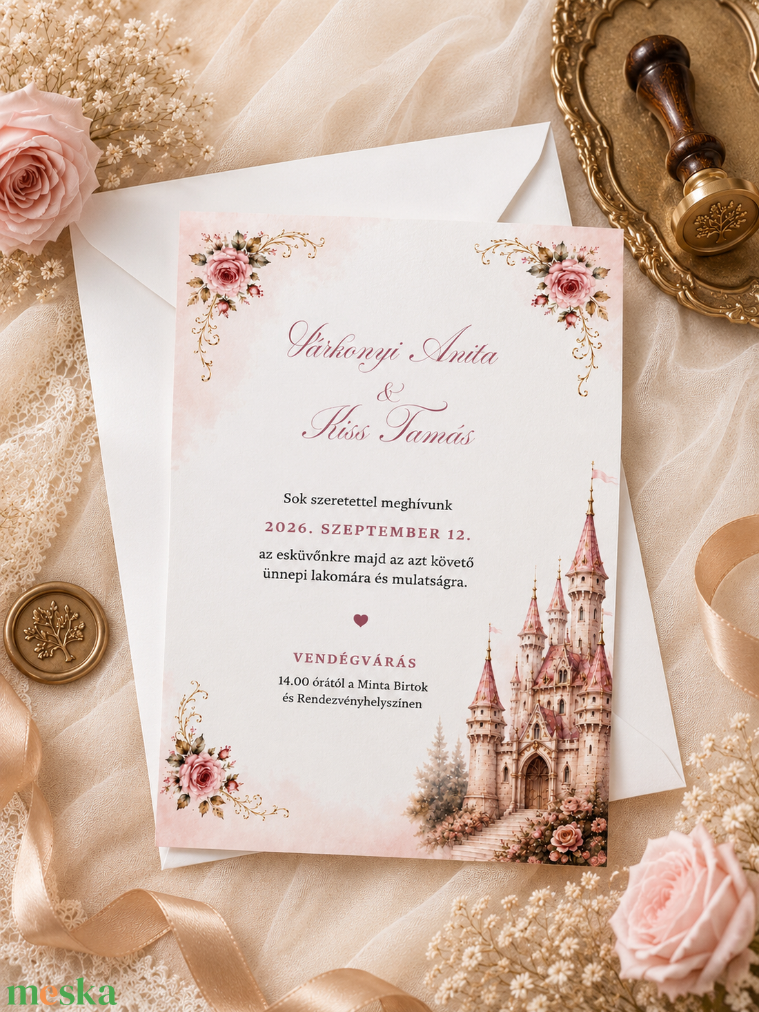 RÓZSASZÍN KASTÉLYOS ESKÜVŐI MEGHÍVÓ � FAIRYTALE IHLETTE AKVARELL DESIGN, A/6, 1 OLDALAS - esküvő - meghívó & kártya - meghívó - Meska.hu