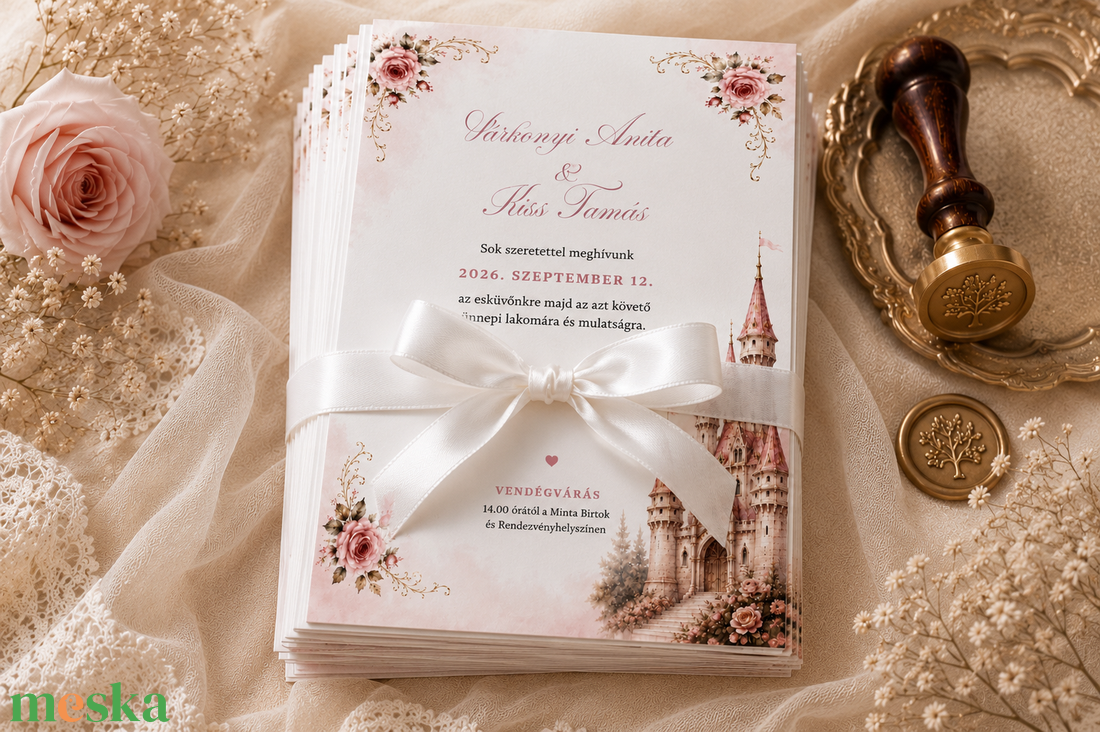 RÓZSASZÍN KASTÉLYOS ESKÜVŐI MEGHÍVÓ � FAIRYTALE IHLETTE AKVARELL DESIGN, A/6, 1 OLDALAS - esküvő - meghívó & kártya - meghívó - Meska.hu