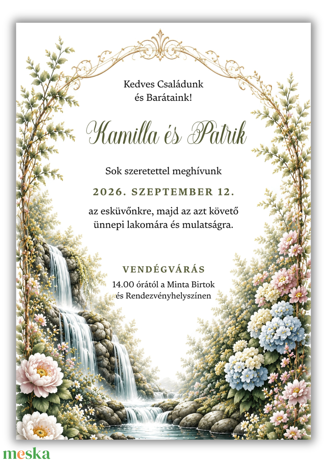 VÍZESÉSES ROMANTIKUS KERTES ESKÜVŐI MEGHÍVÓ, AKVARELL DESIGN, A/6  MÉRET, 1 OLDALAS - esküvő - meghívó & kártya - meghívó - Meska.hu