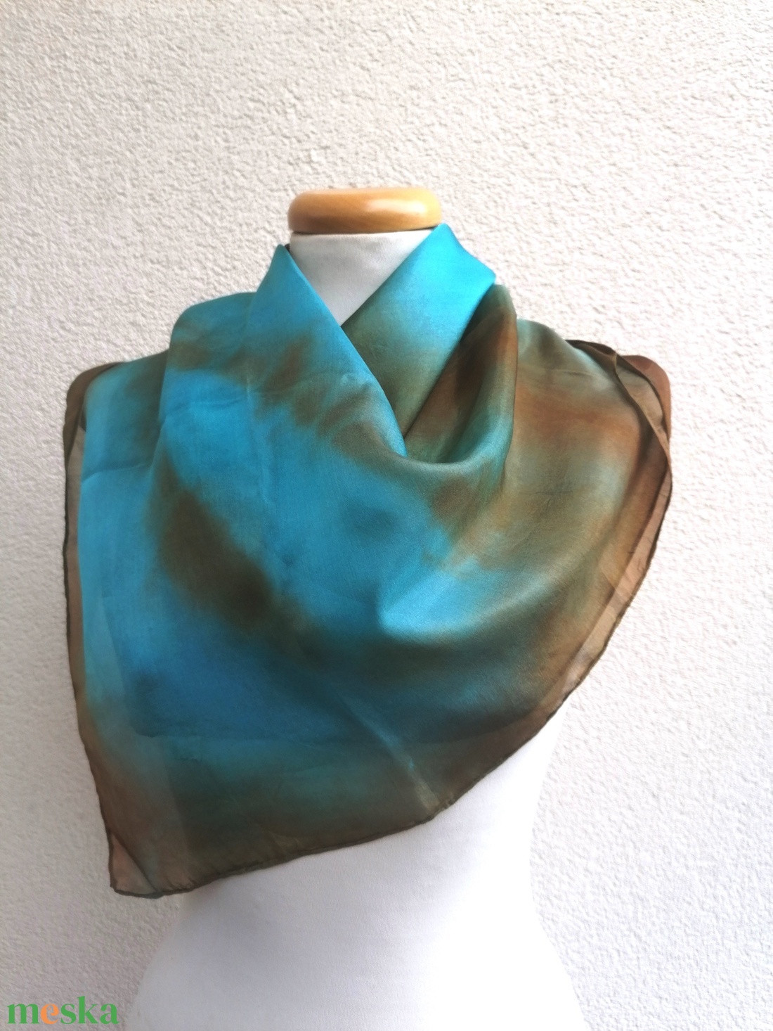 égetett türkiz selyemkendő 90x90 - ruha & divat - sál, sapka, kendő - kendő - Meska.hu