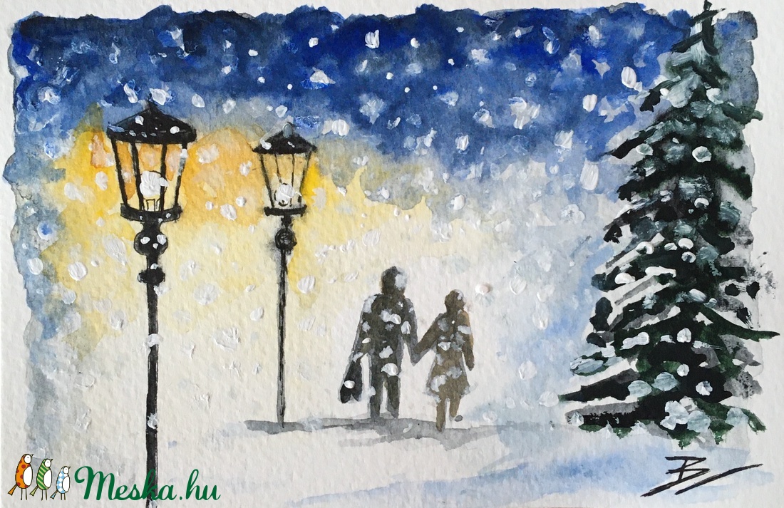 Kézzel festett téli képeslap - nem print! - karácsony - karácsonyi ajándékozás - karácsonyi képeslap, üdvözlőlap, ajándékkísérő - karácsonyi ajándékozás - Meska.hu