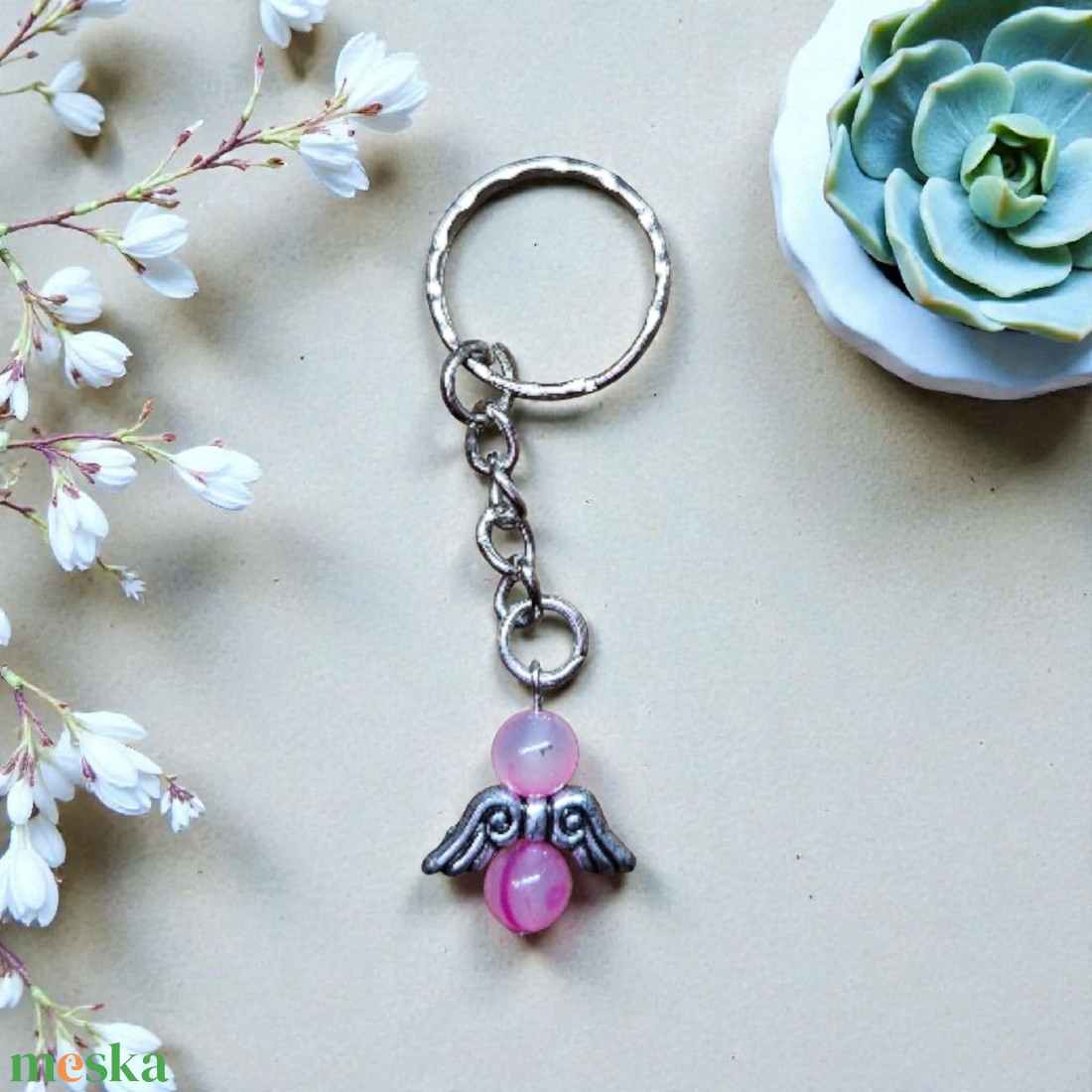 Rózsaszín achát angyal kulcstartó - táska & tok - kulcstartó & táskadísz - kulcstartó - Meska.hu