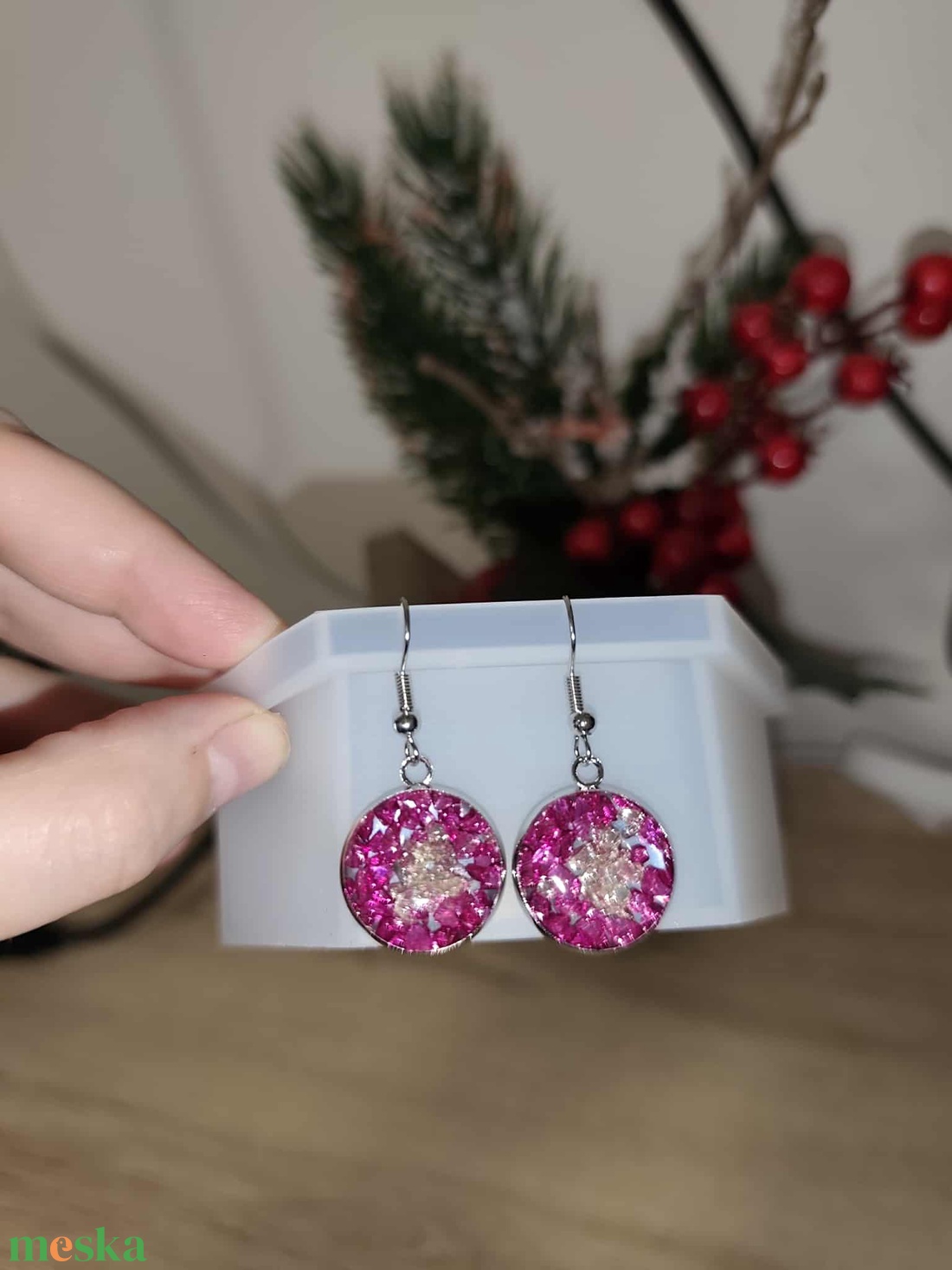 Varázslatos rózsaszín csillogó fülbevaló - ékszer - fülbevaló - lógó fülbevaló - Meska.hu
