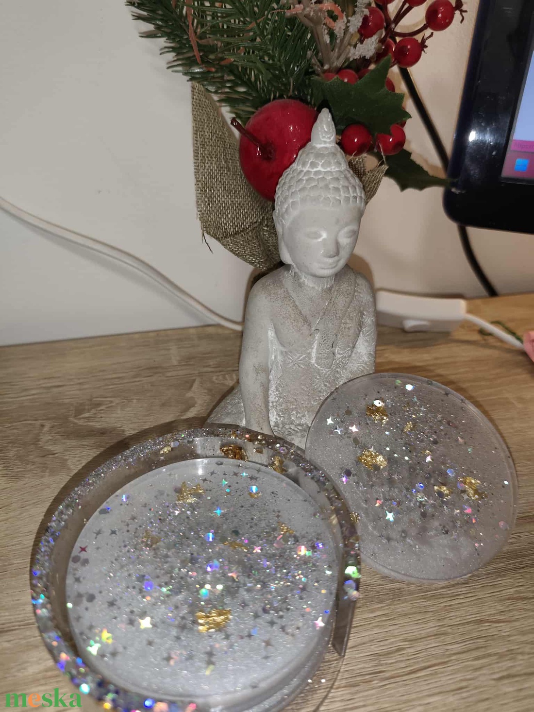 Karácsonyi Csillogó poháralátétek tartóval - AJÁNDÉK A RENDELÉS MELLÉ - otthon & életmód - konyhafelszerelés, tálalás - tálalás - tányér- és poháralátét - Meska.hu