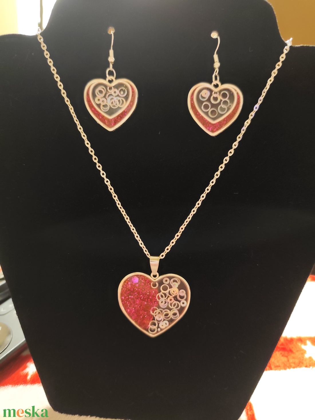 Pink ezüst szív nyakl�nc szett - ékszer - ékszerszett - Meska.hu