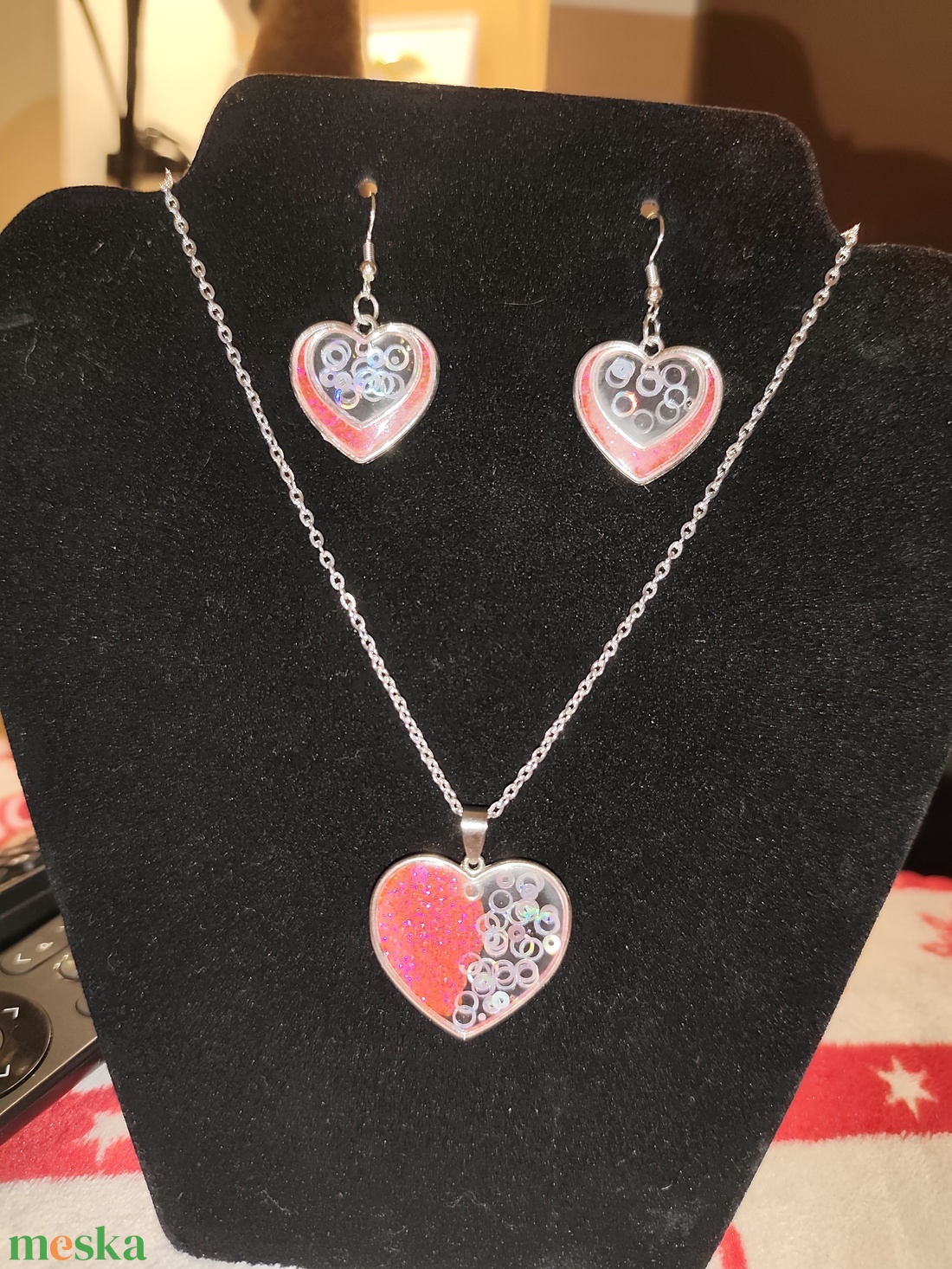 Pink ezüst szív nyakl�nc szett - ékszer - ékszerszett - Meska.hu