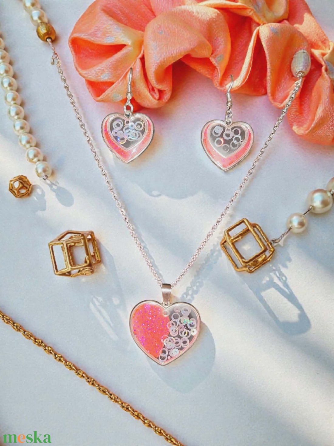 Pink ezüst szív nyakl�nc szett - ékszer - ékszerszett - Meska.hu