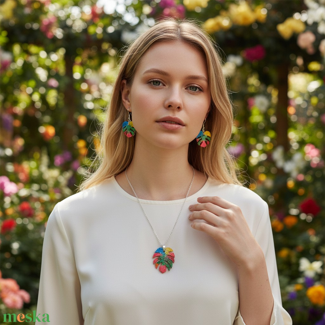 Színes falevél nyaklánc és fülbevaló szett  - ékszer - ékszerszett - Meska.hu