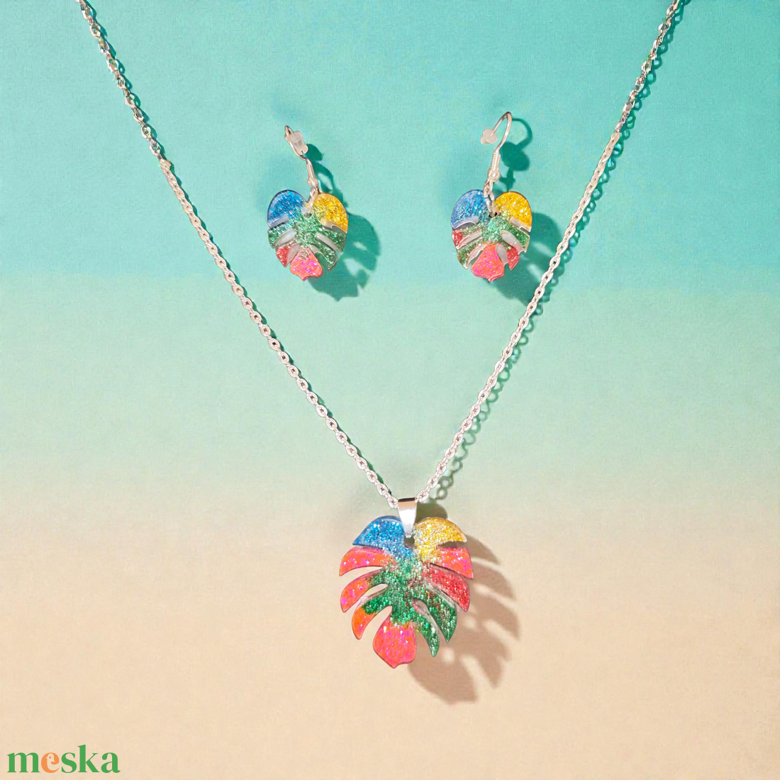 Színes falevél nyaklánc és fülbevaló szett  - ékszer - ékszerszett - Meska.hu