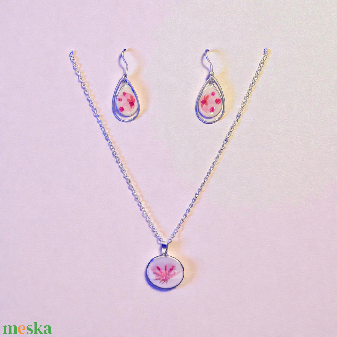 Rózsaszín virágos ékszer szett - ékszer - ékszerszett - Meska.hu