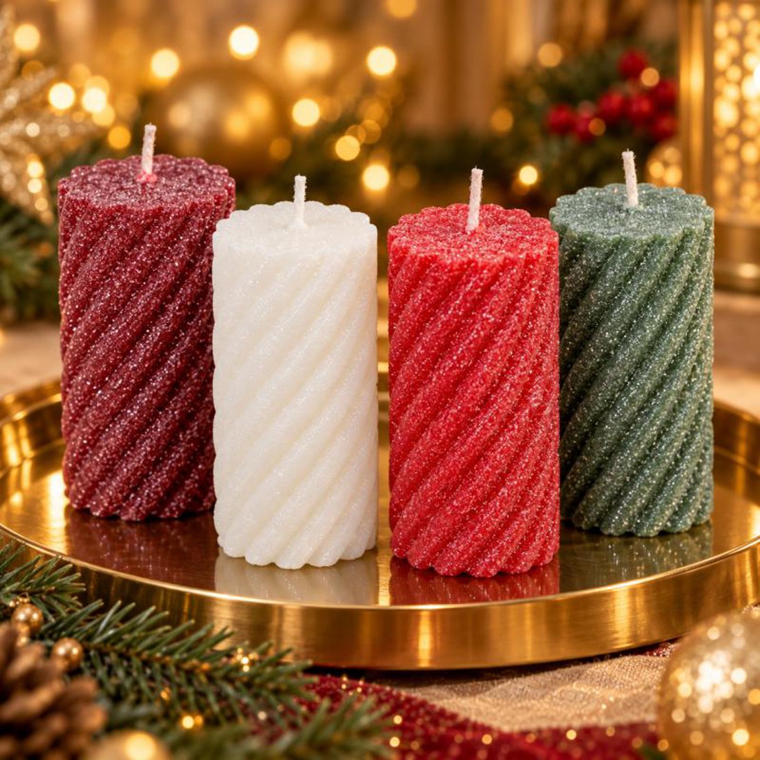 Bársony glitter csavart henger gyertya 55�100 mm � klasszikus és ünnepi árnyalatok, 4 db -  - Meska.hu