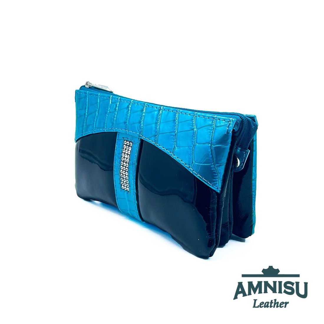Türkizkék lakk krokkómintás - fekete lakk egyenes swarovski köves női pénztárca G6020 - táska & tok - pénztárca & más tok - pénztárca - női pénztárca - Meska.hu