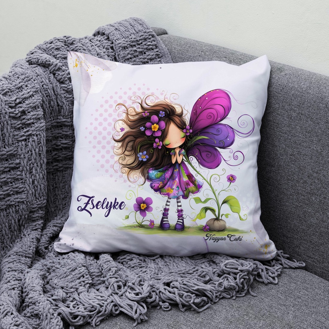 Névvel kérhető - Cuki ibolya virágos tündér mintás párna - otthon & életmód - lakástextil - párna & párnahuzat - díszpárna (belsővel együtt) - Meska.hu