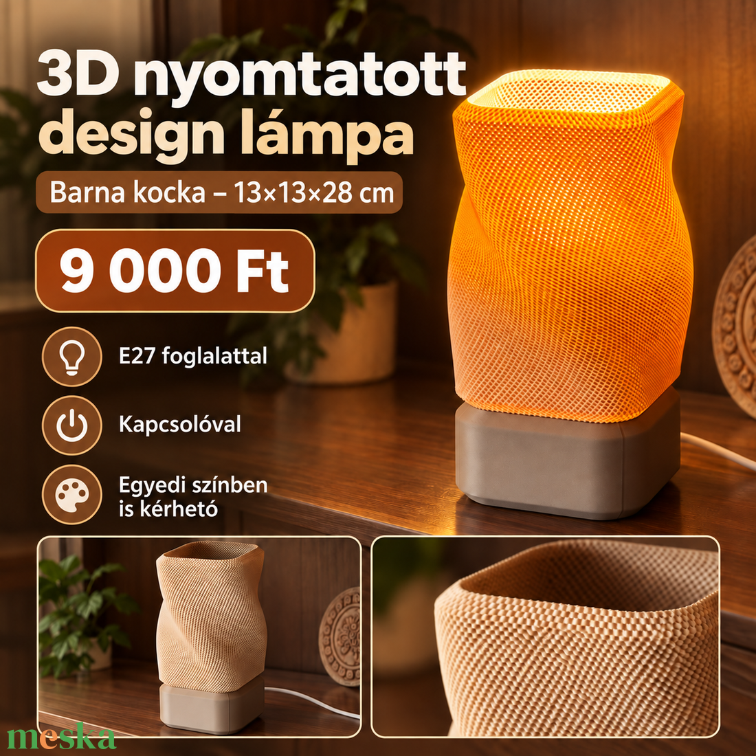 3D nyomtatott barna kocka design lámpa � E27 - otthon & életmód - lámpa - asztali lámpa - Meska.hu