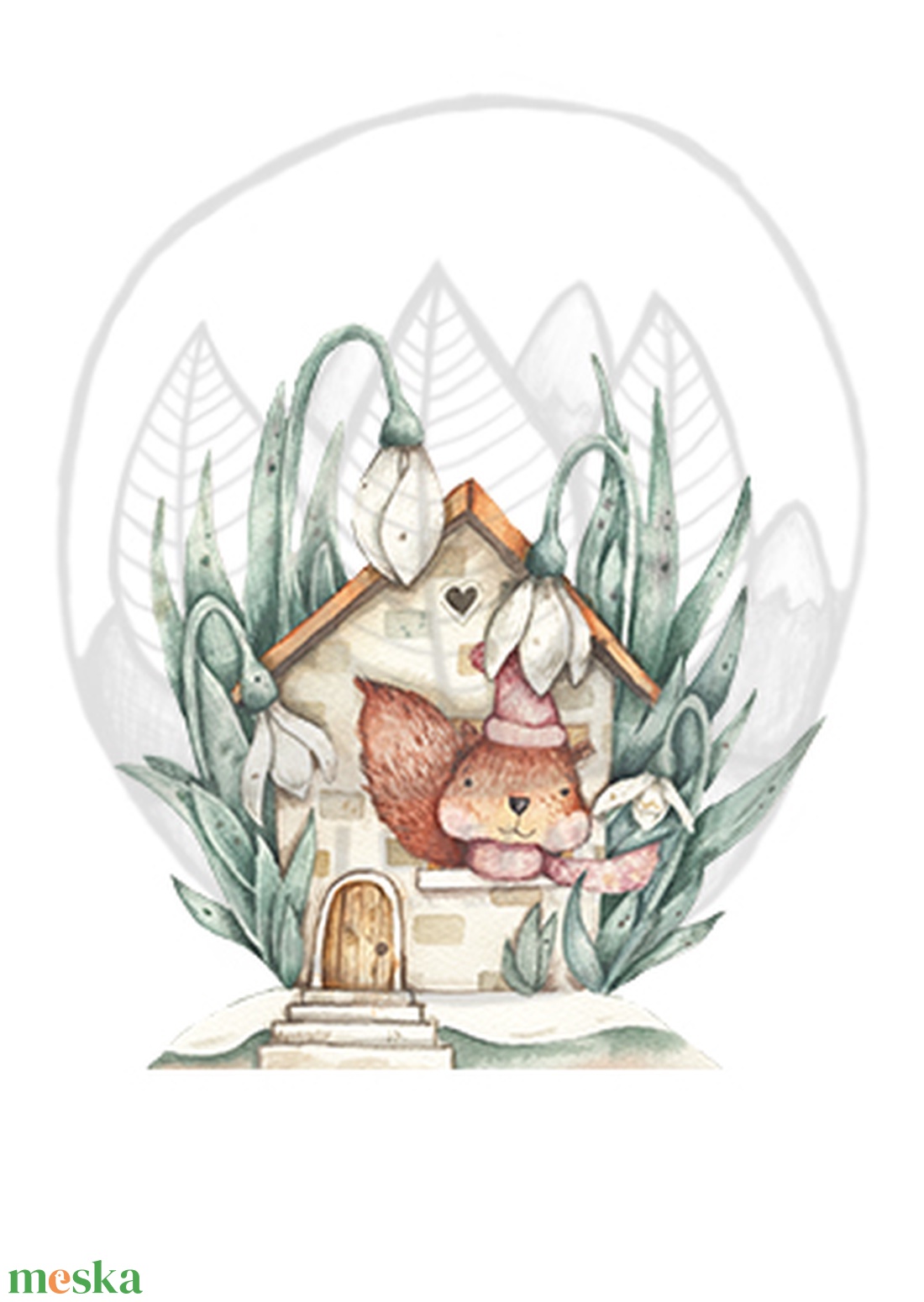 Hóvirág és mókus kisház akvarell illusztráció A4-es méretben - művészet - festmény - akvarell - Meska.hu