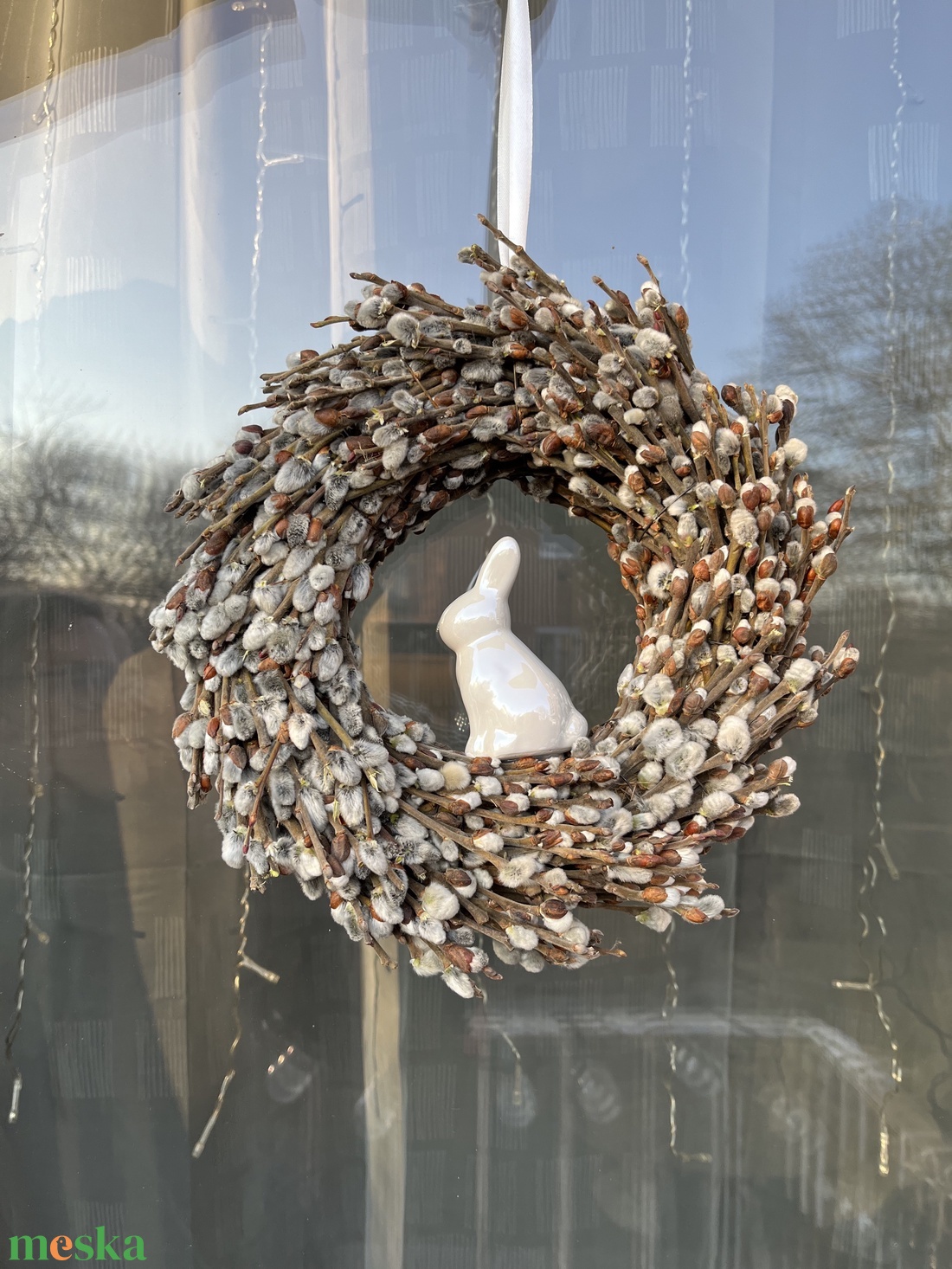 Barka tavaszi/húsvéti ajtókopogtató fehér nyuszival - ünnepi díszek, dekorációk - húsvéti díszek és dekorációk - húsvéti ajtódísz, kopogtató - Meska.hu