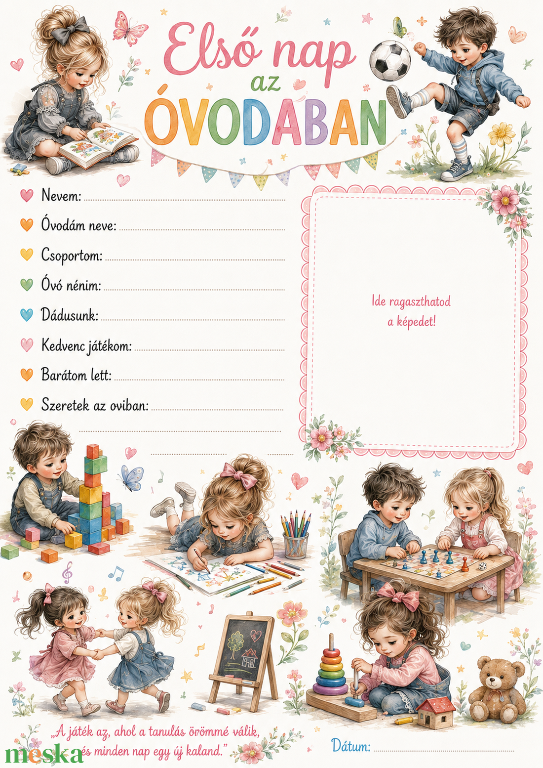 Első nap az óvodában � A4 emléklap - baba - mama - babaemlékek - baba emlékőrző - Meska.hu
