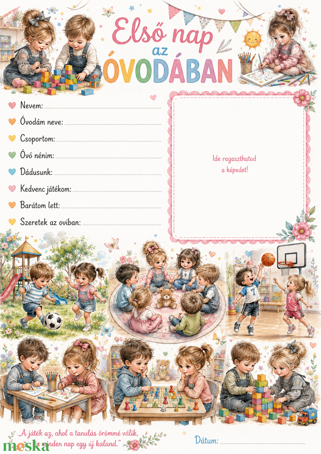 Első nap az óvodában � A4 emléklap - baba - mama - babaemlékek - baba emlékőrző - Meska.hu
