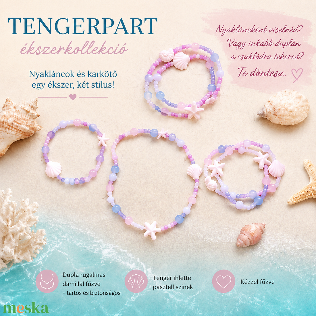 Tengerpart ékszerkollekció � 2 az 1-ben nyaklánc és karkötő - ékszer - karkötő - gyöngyös karkötő - Meska.hu